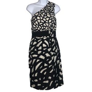 3 for $20 ETCETERA One Shoulder Silk Belted Dress Abstract Geometric Black White